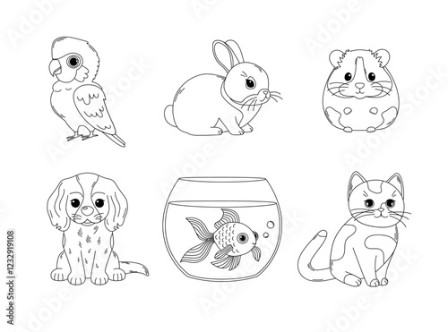 Home pets coloring page. Outline set with parrot, rabbit, hamster, dog, fish and cat. Cute domestic animals. Pet store, veterinary clinic design. Coloring book for print. Vector contour illustration