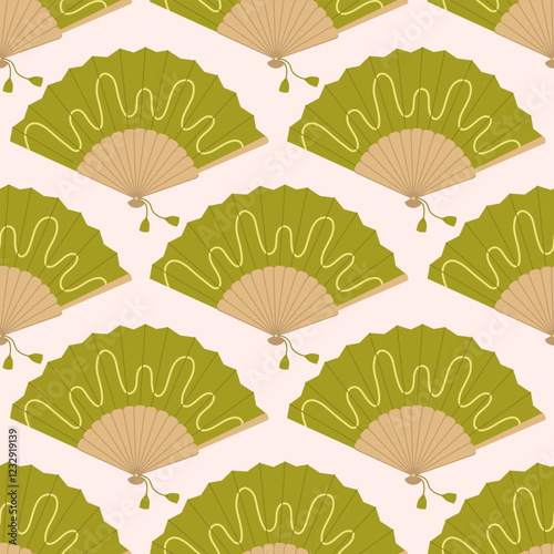 Seamless pattern with green hand fans with wavy line on white background. Asian traditional folding souvenir. Cooling accessory. Vector flat illustration for wallpaper, textile, packaging