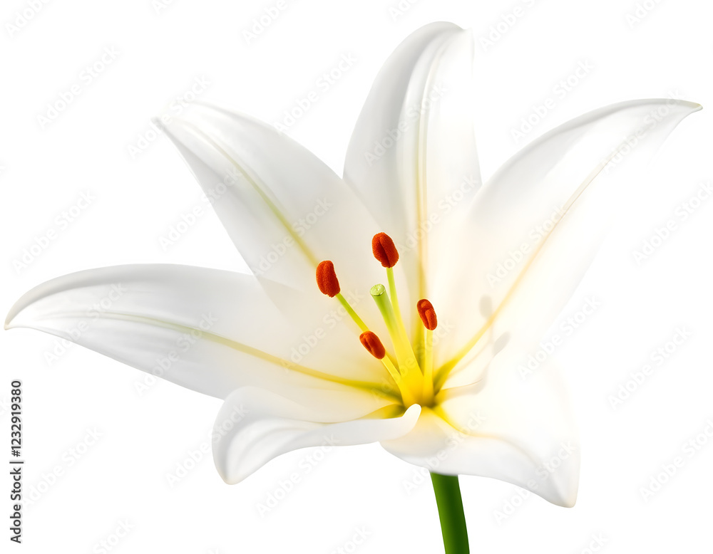 Fototapeta premium White Lily with Smooth Petals and Yellow Stamen on Transparent Background