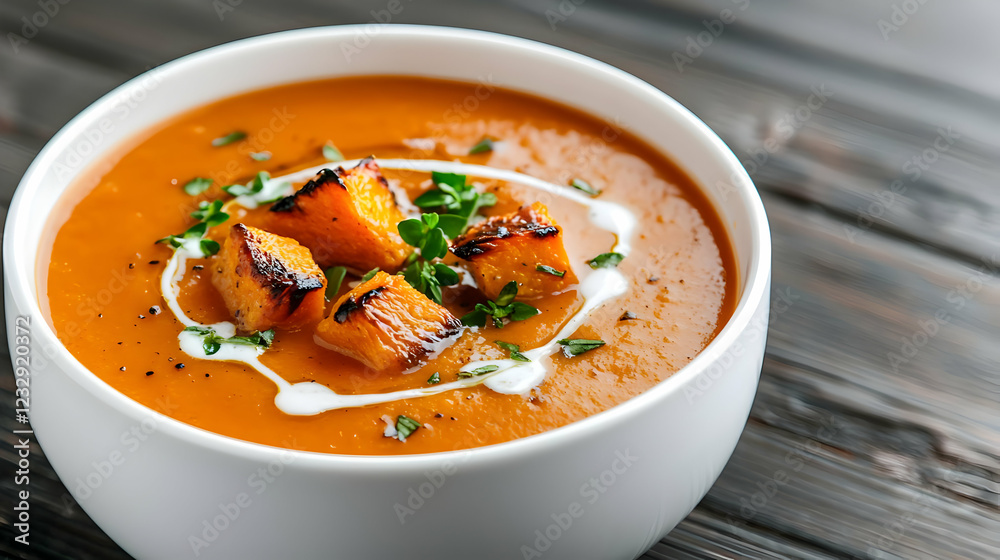 Creamy pumpkin soup, roasted squash, wooden table, autumn meal Creamy pumpkin soup, roasted squash, wooden table, autumn meal