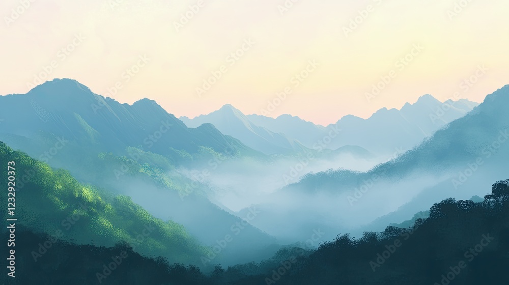 Obraz premium Serene Misty Mountainscape at Sunrise Soft Hues