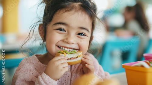 Cheerful preschool girl of latin american descent enjoys her sandwich during lunch break at school cafeteria, showing genuine happiness and satisfaction