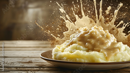 A classic plate of mashed potatoes with gravy against a rustic brown and cream splash