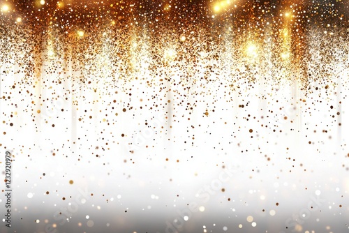 Gold glitter falling on white background with shimmering light rays