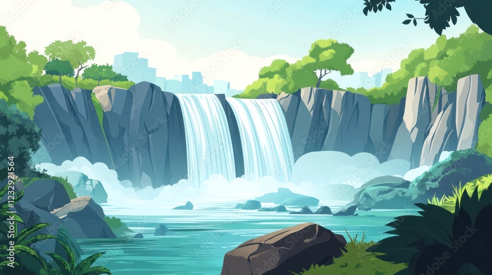 Naklejka premium Majestic waterfall cascading down rocky cliffs into a serene pool, lush greenery and city skyline in background.