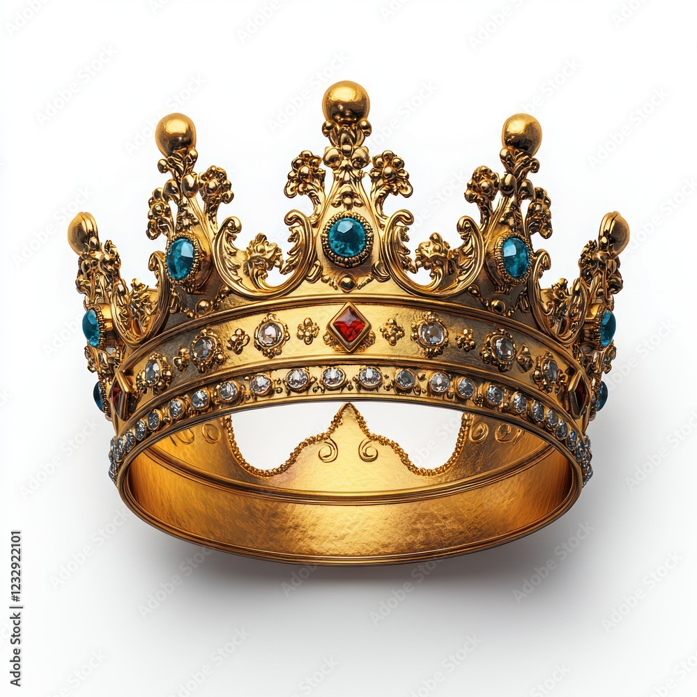 Gold jeweled crown on white background, fit for a king or queen Gold jeweled crown on white background, fit for a king or queen