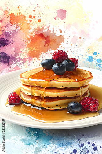 A plate of fluffy pancakes drizzled with syrup and berries, with a soft pastel splash background