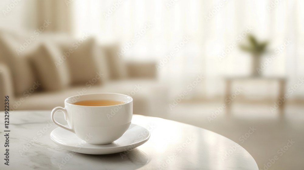 Porcelain teacup with steaming liquid resting on marble surface, soft natural light illuminating delicate white ceramic against polished background, suggesting peaceful morning moment Porcelain teacup with steaming liquid resting on marble surface, soft natural light illuminating delicate white ceramic against polished background, suggesting peaceful morning moment