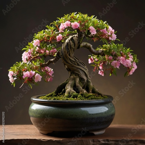 A highly detailed and realistic bunch of bonsai 
tree  with flower on the vine. AI generative.