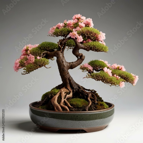 A highly detailed and realistic bunch of bonsai 
tree  with flower on the vine. AI generative.
