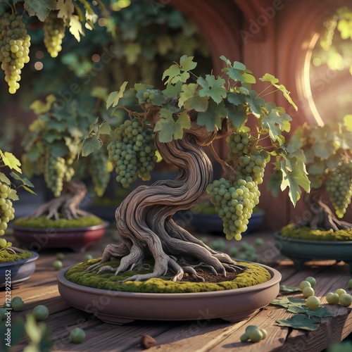 A highly detailed and realistic bunch of bonsai 
 grapes tree  on the vine. The gapes are green color with sun lighting. AI generative.