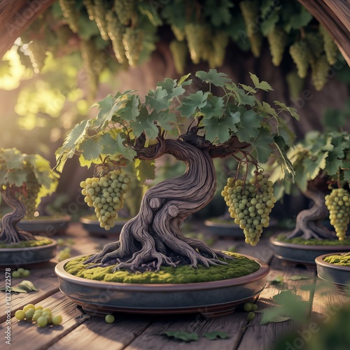 A highly detailed and realistic bunch of bonsai 
 grapes tree  in the big garden. Purple grapes tree vector illustration. AI generative.