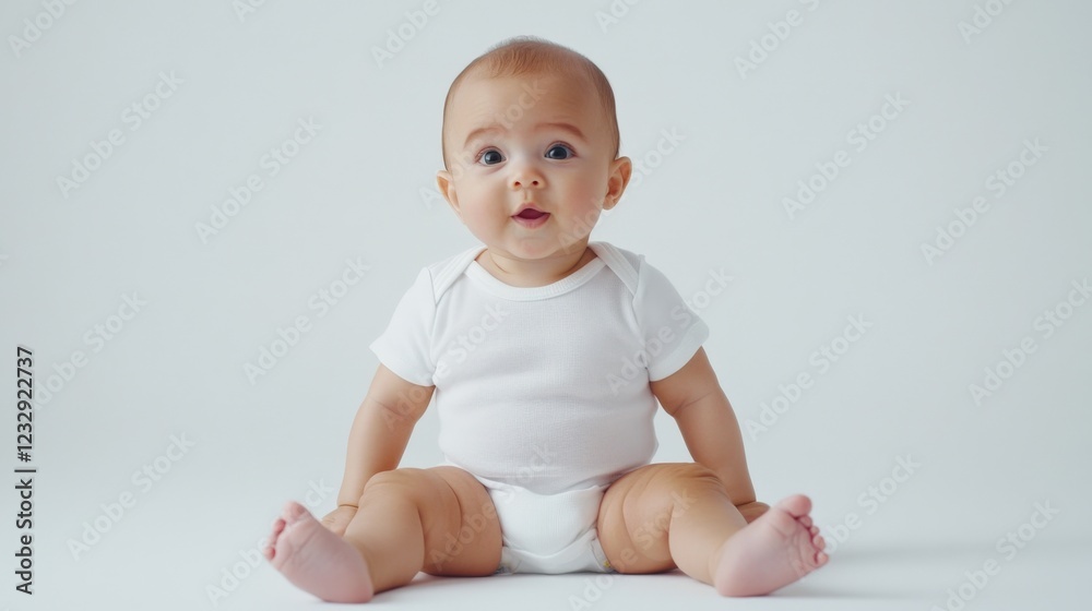 adorable baby sitting in white onesie on white background adorable baby sitting in white onesie on white background