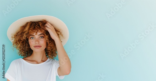 Woman with curly hair wearing a hat, casual white t-shirt, pastel blue background, modern portrait, natural beauty, stylish and relaxed look, copy space for text, summer fashion concept

 photo