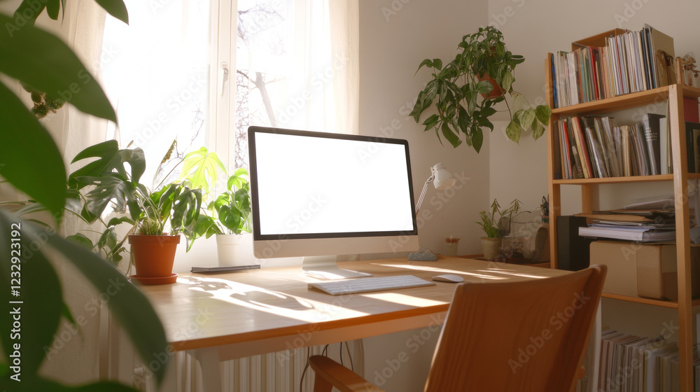 Sunlight streams through window onto minimalist home office desk with computer displaying blank screen, surrounded by lush indoor plants, creating a calm and productive workspace Sunlight streams through window onto minimalist home office desk with computer displaying blank screen, surrounded by lush indoor plants, creating a calm and productive workspace