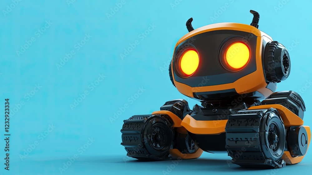 Adorable Orange Robot with Glowing Eyes on Blue Background Adorable Orange Robot with Glowing Eyes on Blue Background