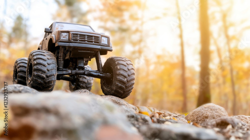 Radio-controlled monster truck with oversized wheels climbing over rocks in a forest, adventurous composition, soft natural light in autumn photo