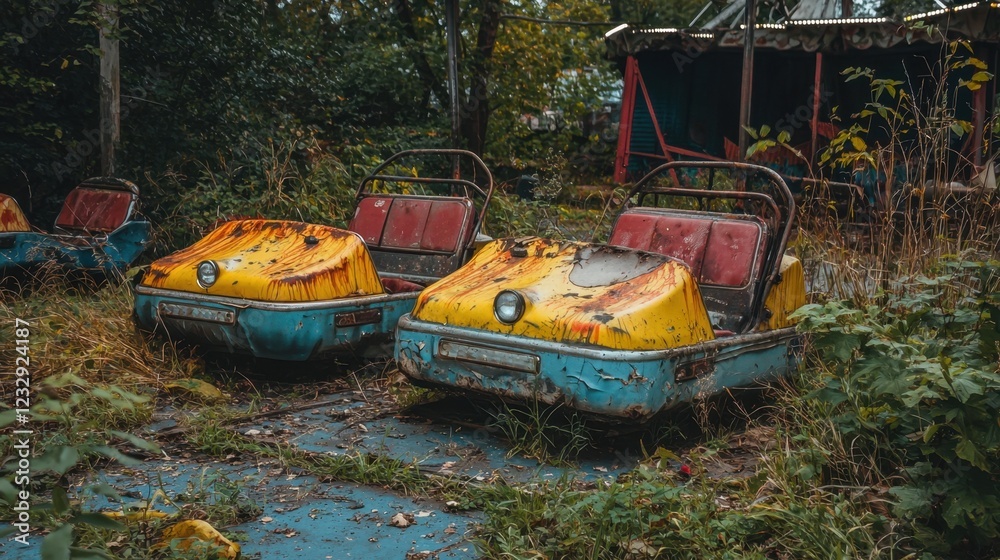 Obraz premium Abandoned bumper cars in an overgrown amusement park setting