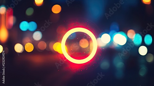 Abstract glowing circle amidst blurred city lights photo