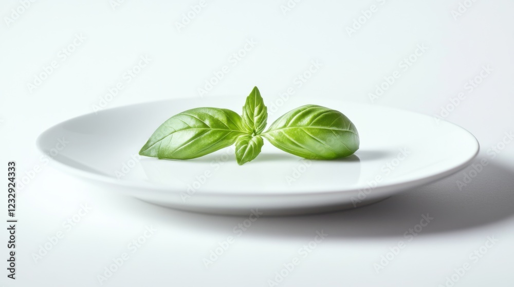 A simple serving of fresh basil leaves, neatly placed on a plain white ceramic plate, Basil leaves centered A simple serving of fresh basil leaves, neatly placed on a plain white ceramic plate, Basil leaves centered