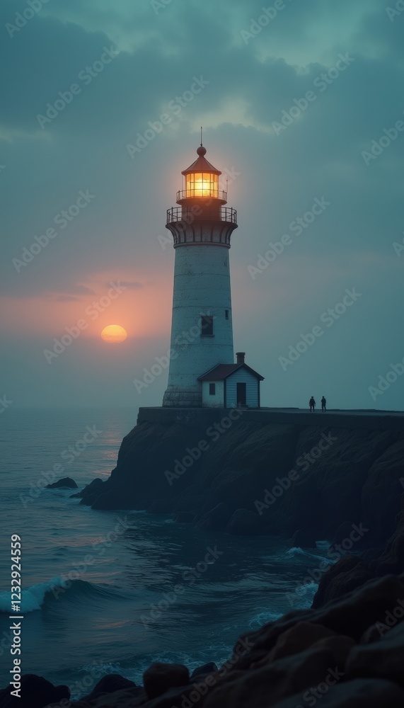 A serene lighthouse standing against a misty sunset, symbolizing guidance and safety, perfect for coastal tourism, maritime themes, or inspirational business messaging. A serene lighthouse standing against a misty sunset, symbolizing guidance and safety, perfect for coastal tourism, maritime themes, or inspirational business messaging.