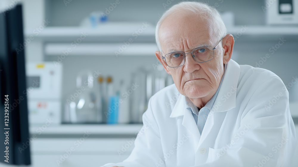 Professional scientist in white lab coat working at sleek workstation, examining research data on computer screen with intense concentration in sterile laboratory environment