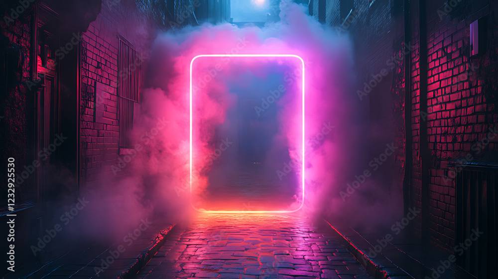 Naklejka premium Neon portal in foggy alleyway, night scene, cyberpunk backdrop