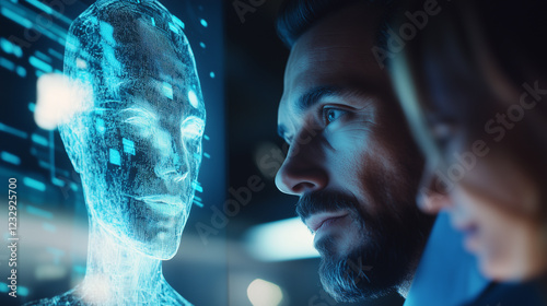 human call center agent and an AI assistant displayed on a floating holographic screen