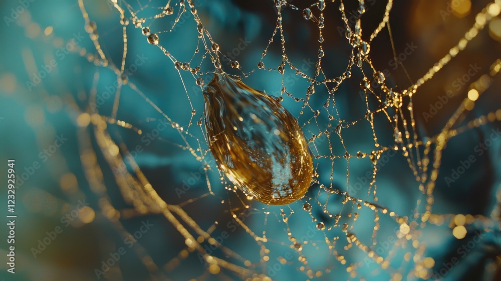 mesmerizing close-up of a spiderweb adorned with glistening golden dewdrops.