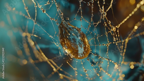 mesmerizing close-up of a spiderweb adorned with glistening golden dewdrops.