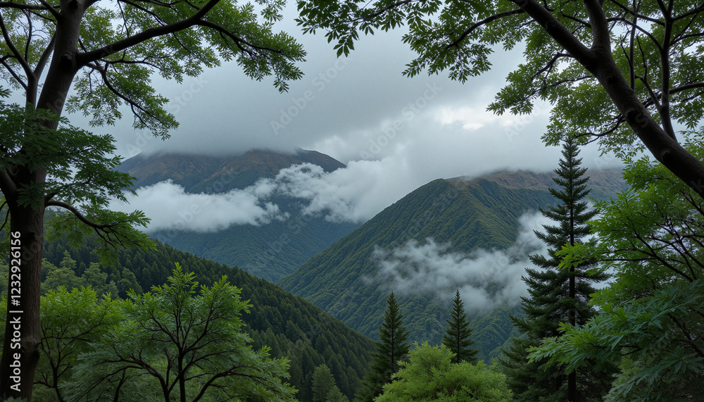 Fog-laden rainforest with layers of trees and mist creating a calming landscape Fog-laden rainforest with layers of trees and mist creating a calming landscape