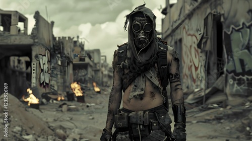 Unveiling a survivor in a desolate urban landscape with graffiti and smoke