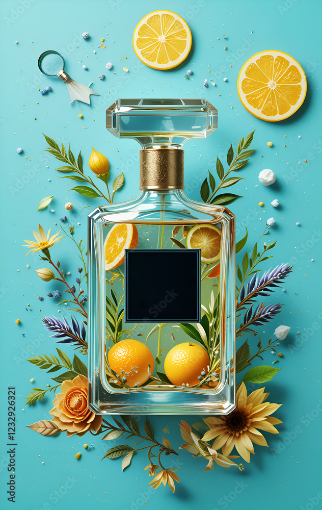 flacon of perfume include stylize element of perfume such as citrus, herbs and other against ocean background. painting 3d render watercolor style . Ai generated.