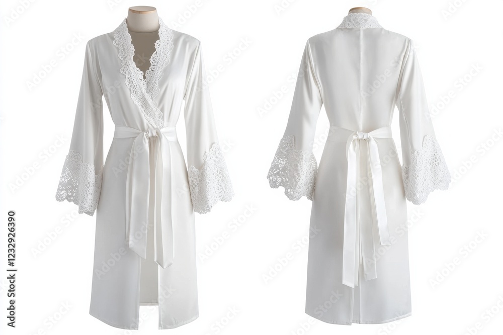 Elegant white lace robe with bell sleeves displayed on a dress form in a studio setting Elegant white lace robe with bell sleeves displayed on a dress form in a studio setting