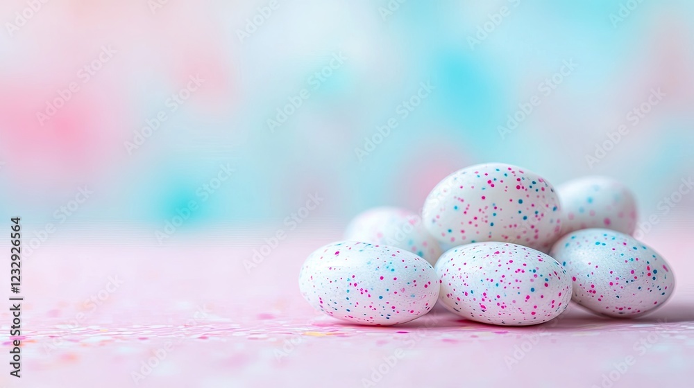 Obraz premium Pastel Speckled Easter Eggs on Pink Background