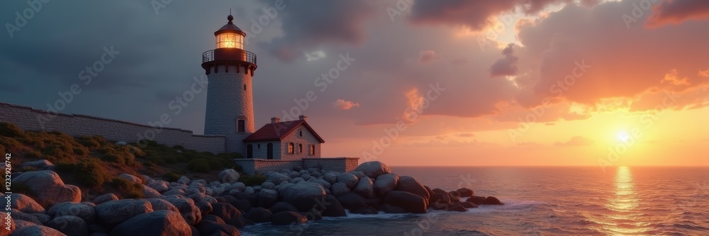 Obraz premium A serene sunset view of a traditional lighthouse by the sea, embodying tranquility and guidance. Perfect for coastal, travel, and inspirational themes.