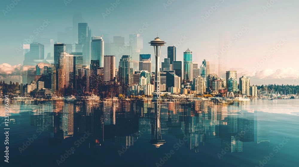 Fototapeta premium Stunning Seattle Skyline Reflection Over Water at Sunrise