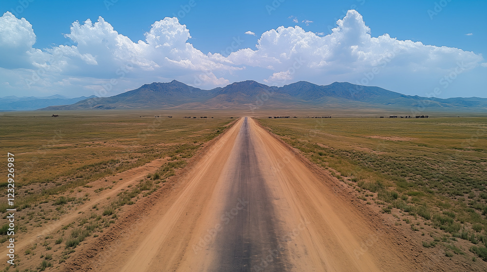 Naklejka premium Desert road stretching towards mountain range under dramatic clouds, aerial perspective of wilderness journey