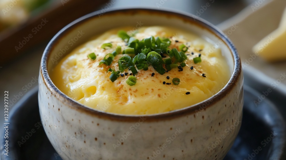 Traditional chawanmushi egg custard served delicate ceramic cup Traditional chawanmushi egg custard served delicate ceramic cup