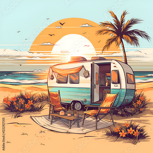 tropical beach with palm trees and camper