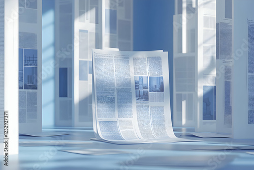 3D Illustration of a Newspaper with Bold Blue Headlines, Symbolizing News and Information-