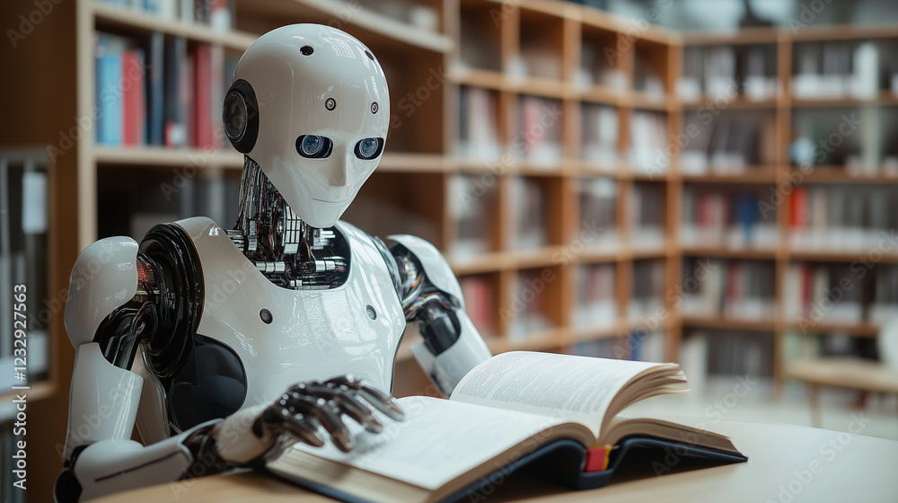 Humanoid robot reading a book in a library, artificial intelligence learning, futuristic technology in education, AI knowledge acquisition, machine intelligence in a traditional study environment Humanoid robot reading a book in a library, artificial intelligence learning, futuristic technology in education, AI knowledge acquisition, machine intelligence in a traditional study environment