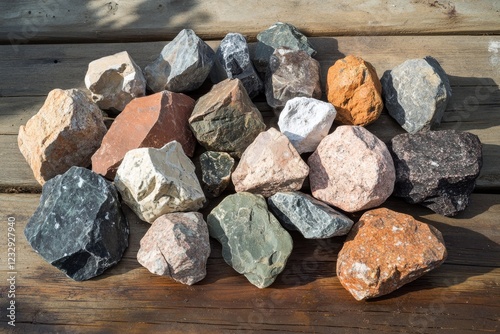 Collection of colorful rocks arranged on a wooden surface showcases natural textures and diversity photo