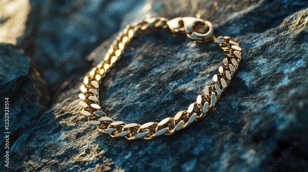 A gold chained necklace with decorative design elements set against a rocky backdrop A gold chained necklace with decorative design elements set against a rocky backdrop