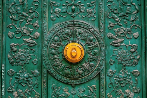 Intricate green door with yellow knob showcasing unique artistic design elements