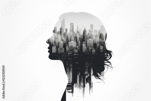 City skylines  as the overlay for the profile view of a person's face, double exposure 