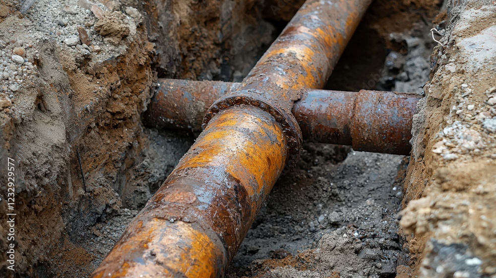 A rusty pipe is laying in the dirt A rusty pipe is laying in the dirt