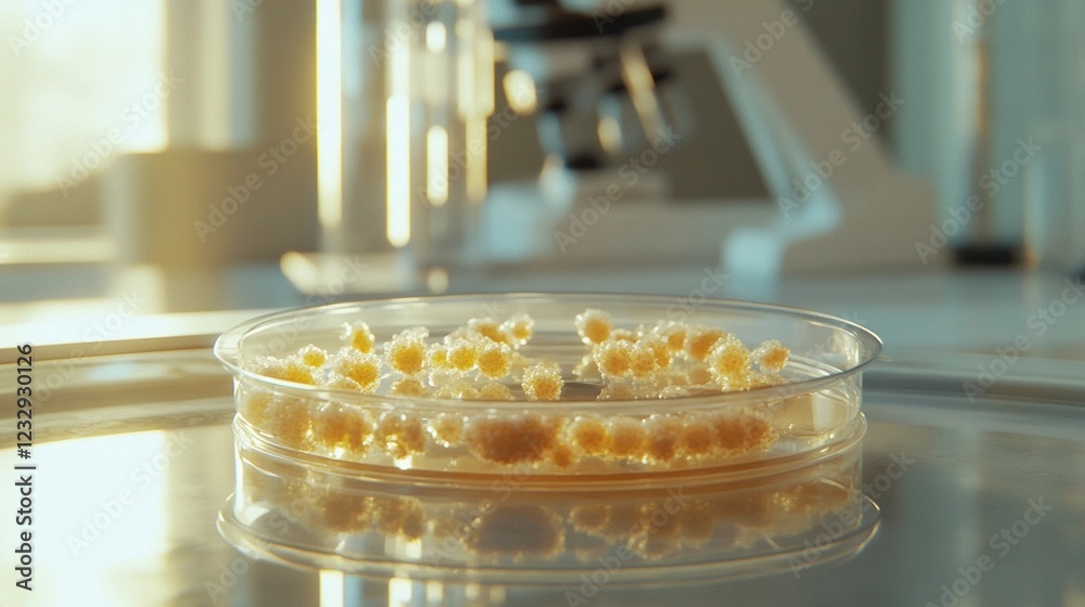 Laboratory petri dish with microbial cultures illuminated by soft sunlight during late afternoon. Generative AI Laboratory petri dish with microbial cultures illuminated by soft sunlight during late afternoon. Generative AI
