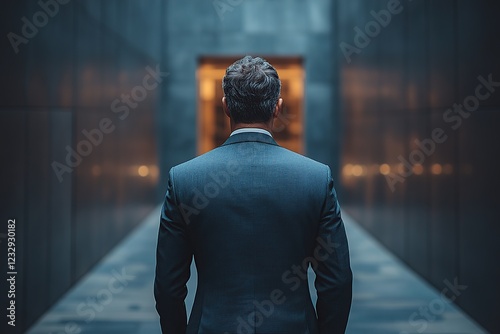 Back view of businessman facing difficulties, against narrow corridor background photo