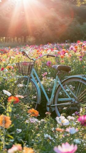 Bright blue bicycle parked in a colorful wildflower field during sunset